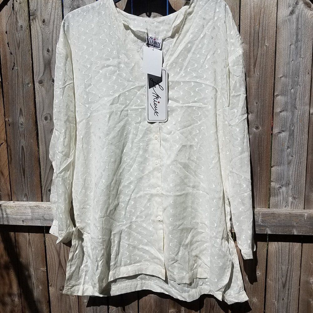 Button Down Women's Medium Off White Ecru Le Mieux Top Long Sleeve